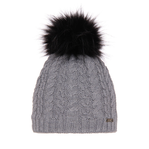 Czapka zimowa damska, szara, z pomponem, 100% wełniana merino Satina