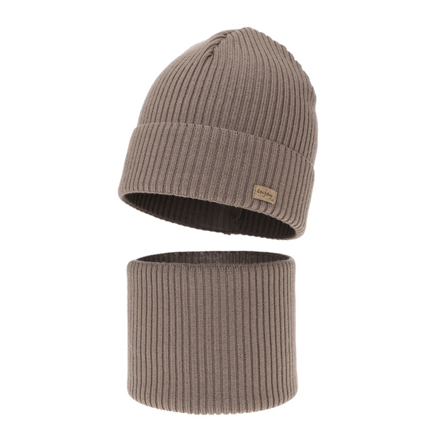 Czapka i komin dla chłopca jesienny, wiosenny komplet, ciemnobeżowy, 100% wełniany merino Intro