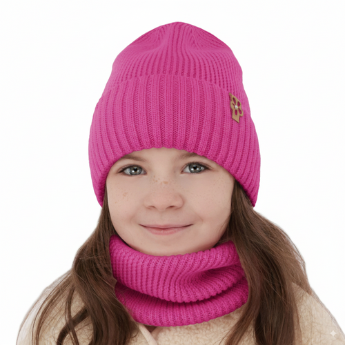Czapka i komin dla dziewczynki zimowy komplet, różowy, 100% wełniana merino Nelita