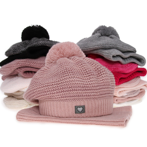 Beret i komin dla dziewczynki zimowy komplet, wrzosowy, z pomponem Lira