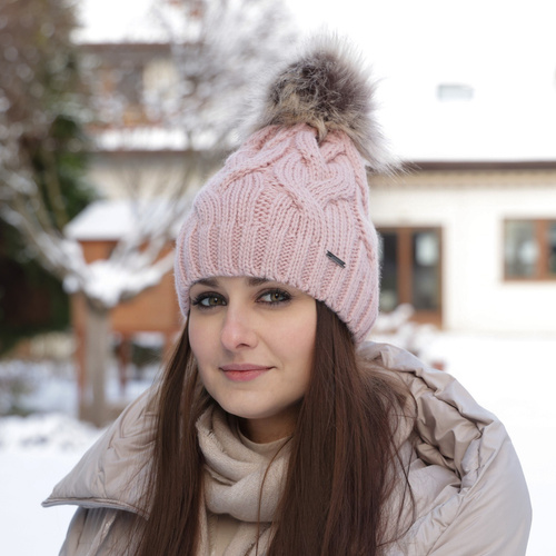 Czapka zimowa damska, biała, z pomponem Terri