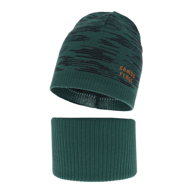 Czapka i komin dla chłopca jesienny, wiosenny komplet, z bawełną, szmaragdowy Carter