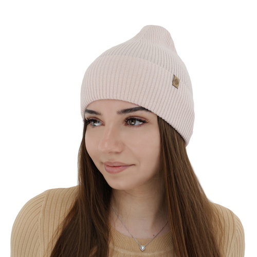 Czapka jesienna, zimowa damska, jasnoróżowa, wełna merino z kaszmirem, Alineta