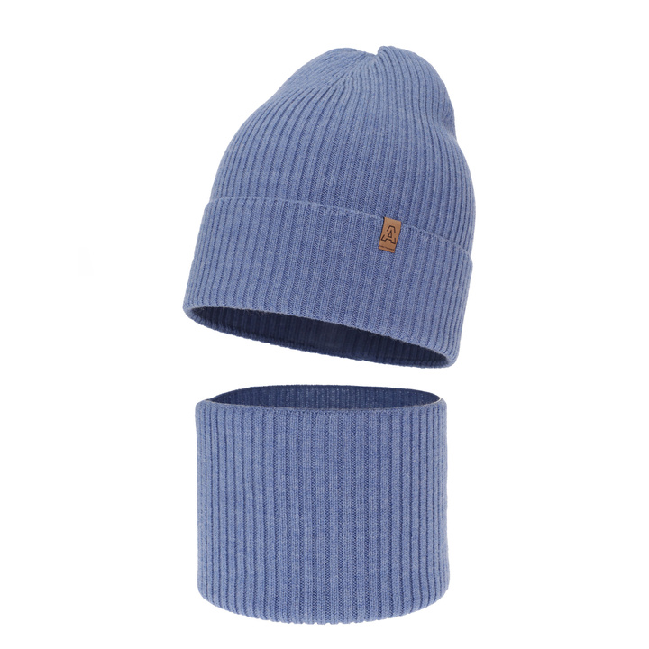 Czapka i komin dla chłopca jesienny, wiosenny komplet, niebieski, 100% wełniany merino Lemas