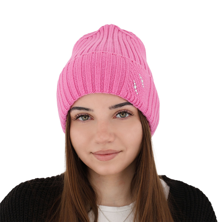 Czapka zimowa damska, różowa, 100% wełniana merino Ariga