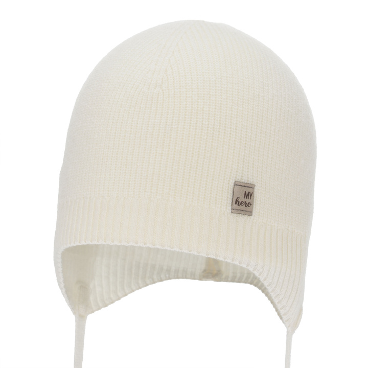 Czapka jesienna, wiosenna dla chłopca, kremowa, wełna merino z kaszmirem, wiązana Tono