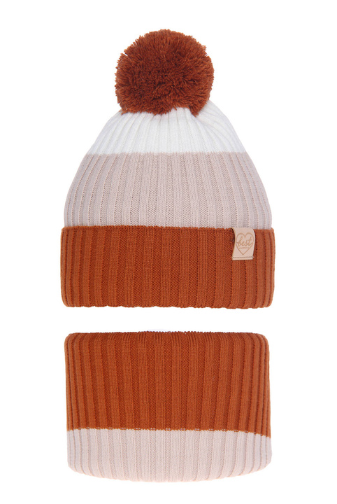 Czapka i komin dla dziewczynki zimowy komplet, brązowy, z pomponem Indiana