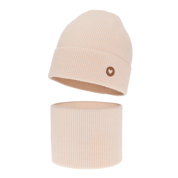 Czapka i komin dla dziewczynki jesienny, wiosenny komplet, jasnoróżowy, 100% wełniana merino Brook