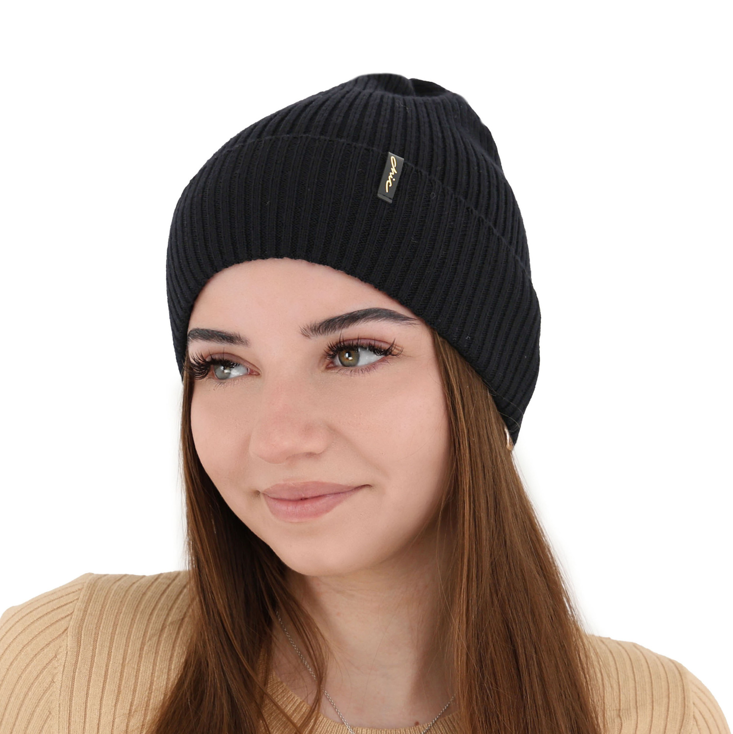 Czapka zimowa damska, czarna, 100% wełniana merino, Megan
