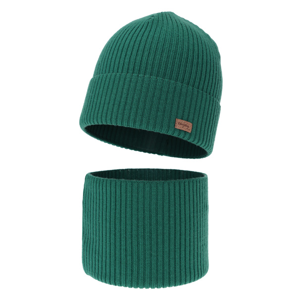 Czapka i komin dla chłopca jesienny, wiosenny komplet, szmaragdowy, 100% wełniany merino Intro