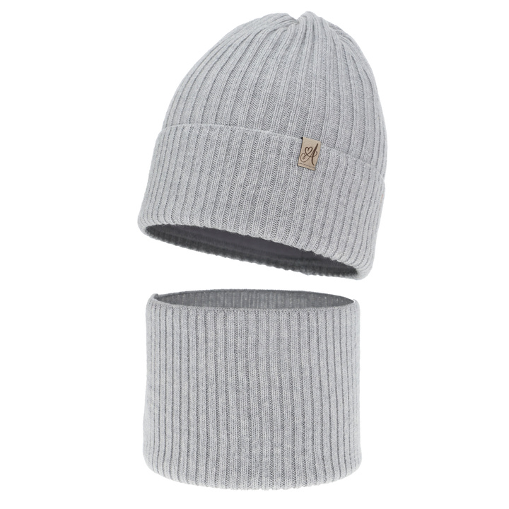 Czapka i komin dla dziewczynki, zimowy komplet, szary, 100% wełniany merino, Patricia