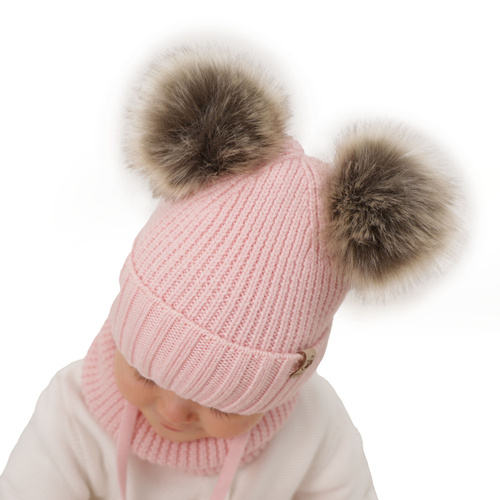 Czapka i komin dla dziewczynki zimowy komplet, beżowy, 100% wełniana merino, wiązany, z dwoma pomponami Silvia