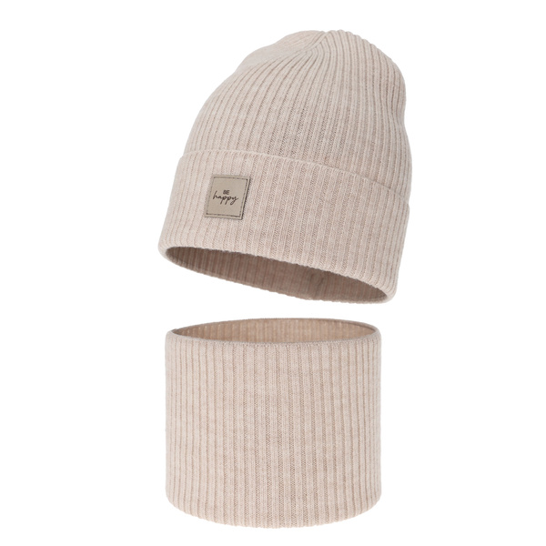 Czapka i komin dla dziewczynki, jesienny, wiosenny komplet, beżowy, 100% wełniany merino, Vanita