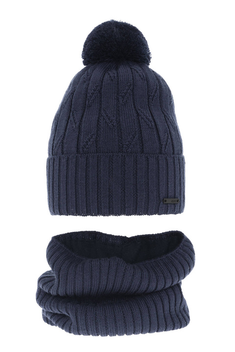Czapka i komin dla chłopca zimowy komplet, niebieski, z pomponem, wełniany merino Talar