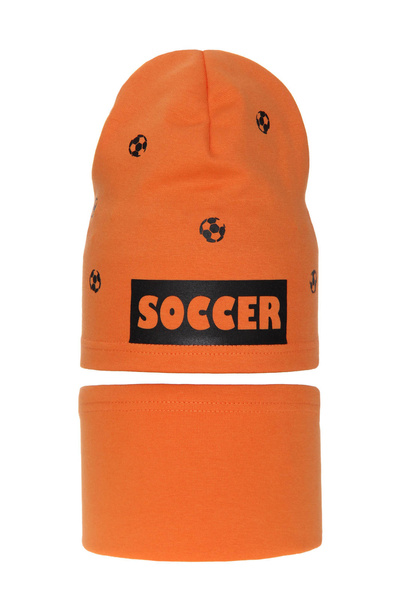 Czapka i komin dla chłopca jesienny, wiosenny komplet, pomarańczowy, bawełniany Soccer