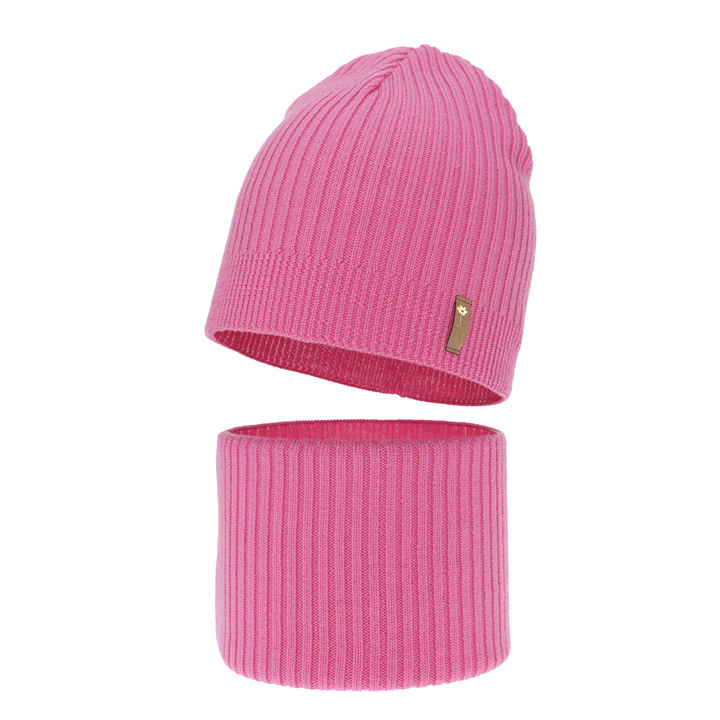 Czapka i komin dla dziewczynki jesienny, wiosenny komplet, różowy, 100% wełniany merino Chelsie