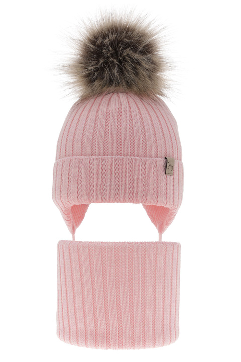 Czapka i komin dla dziewczynki zimowy komplet, różowy, wiązany, 100% wełniany merino, z pomponem Junika