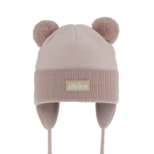 Czapka jesienna, wiosenna dla dziewczynki, różowa, z dwoma pomponami, wiązana Karotka