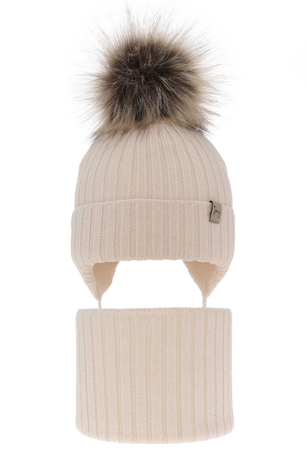 Czapka i komin dla dziewczynki zimowy komplet, jasnobeżowy, wiązany, 100% wełniany merino, z pomponem Junika