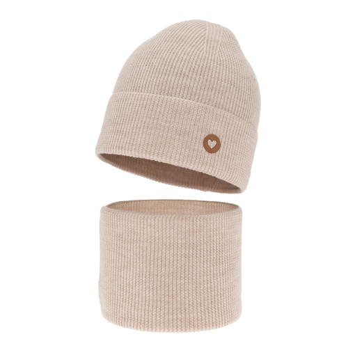 Czapka i komin dla dziewczynki jesienny, wiosenny komplet, beżowy, 100% wełniana merino Brook