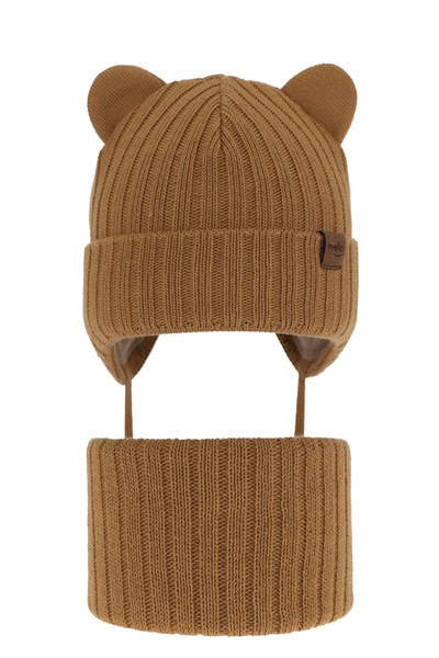 Czapka i komin dla chłopca zimowy komplet, camel, wiązany Ferven