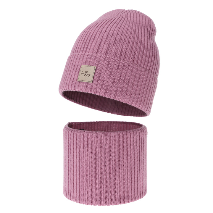 Czapka i komin dla dziewczynki, jesienny, wiosenny komplet, wrzosowy, 100% wełniany merino, Vanita
