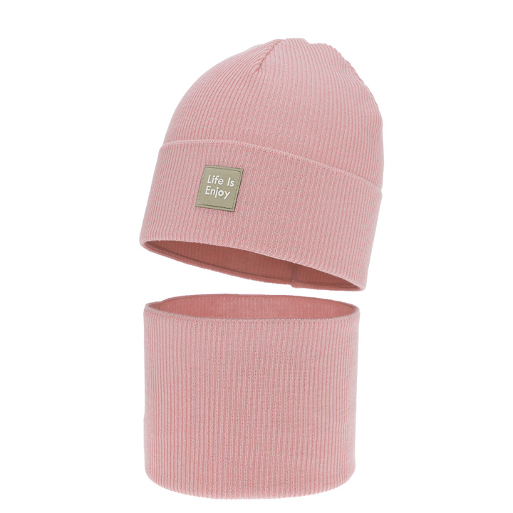 Czapka i komin dla dziewczynki jesienny, wiosenny komplet, z bawełną, różowy Zola