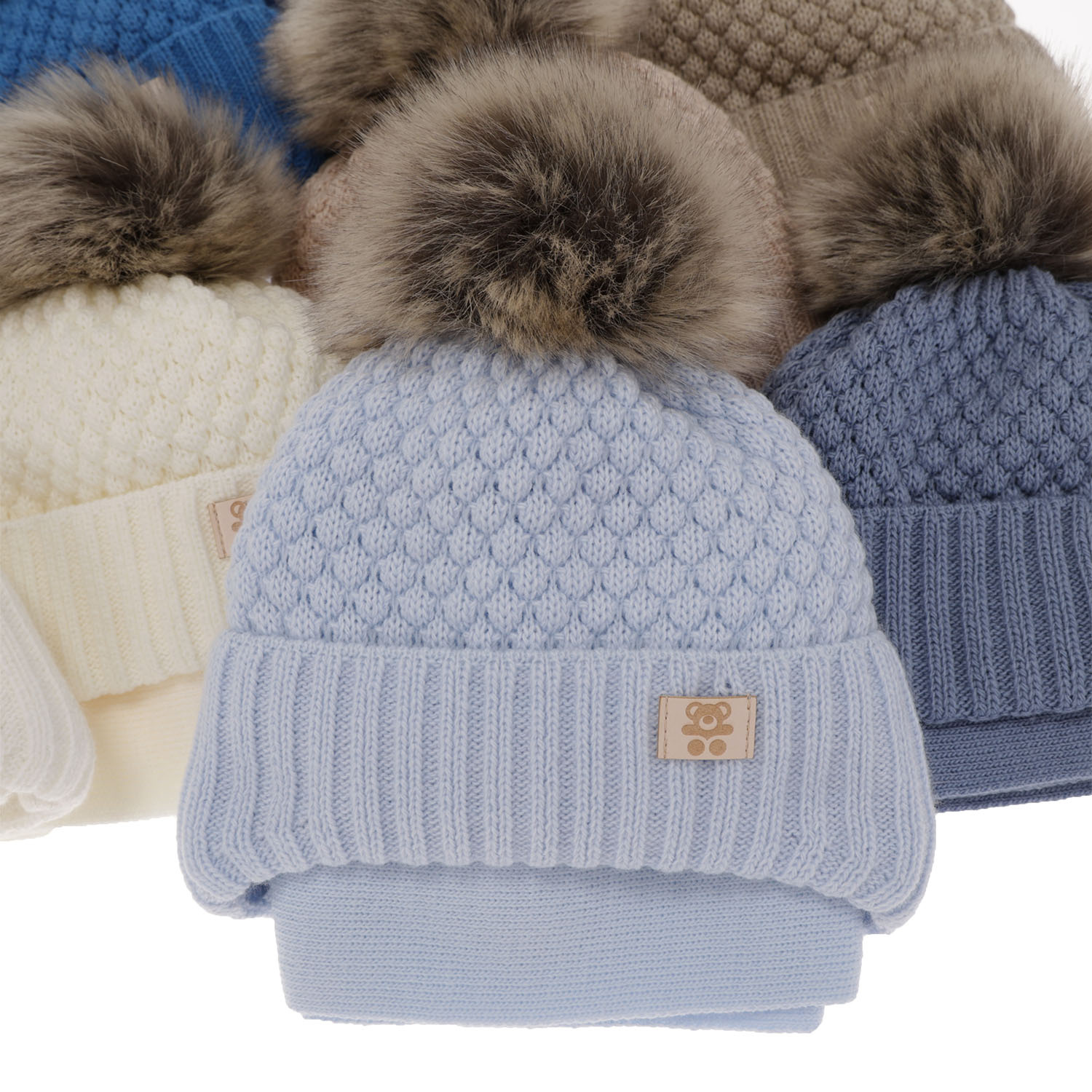 Czapka i szalik dla chłopca zimowy komplet, niebieski, z pomponem, wiązany Norberto