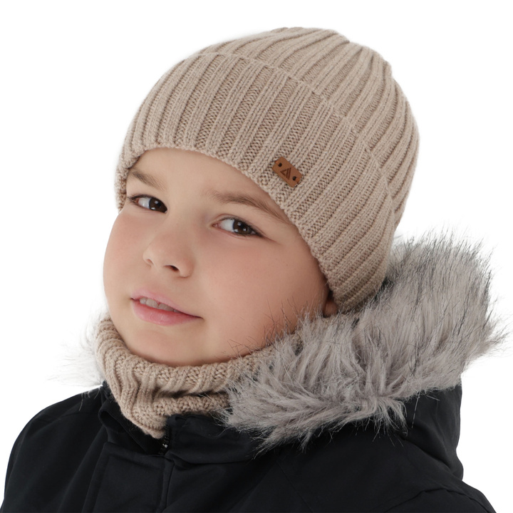 Czapka i komin dla chłopca, zimowy komplet, 100% wełniany merino, beżowy Umberto