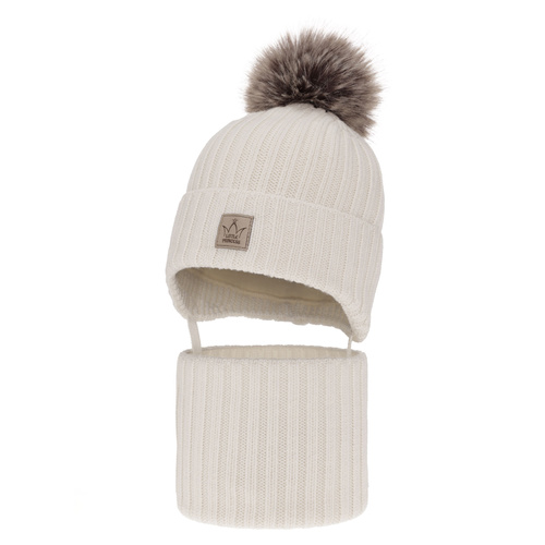 Czapka i komin dla dziewczynki zimowy komplet, biały, 100% wełniana merino, podszyta wełnianym polarem, wiązany Martina