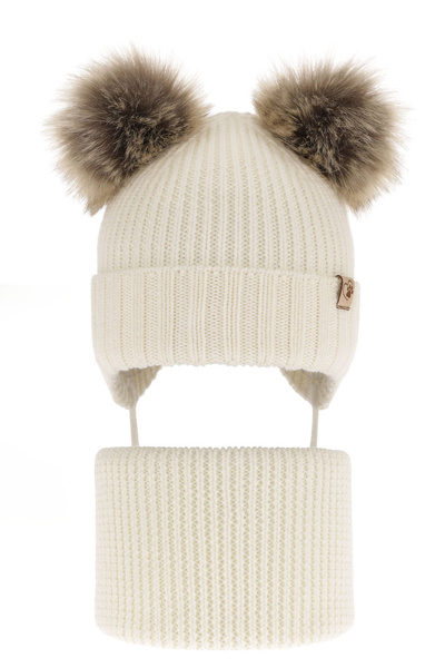 Czapka i komin dla dziewczynki zimowy komplet, kremowy, 100% wełniana merino, wiązany, z dwoma pomponami Silvia
