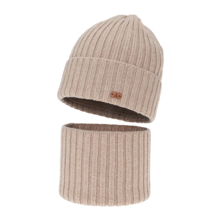 Czapka i komin dla chłopca, zimowy komplet, 100% wełniany merino, beżowy Umberto