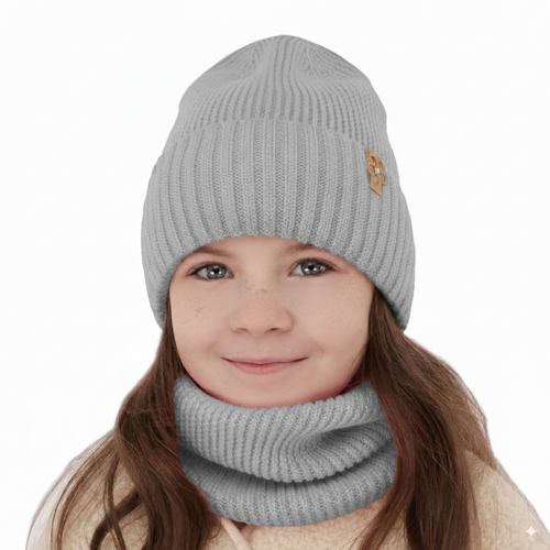 Czapka i komin dla dziewczynki zimowy komplet, szary, 100% wełniana merino Nelita