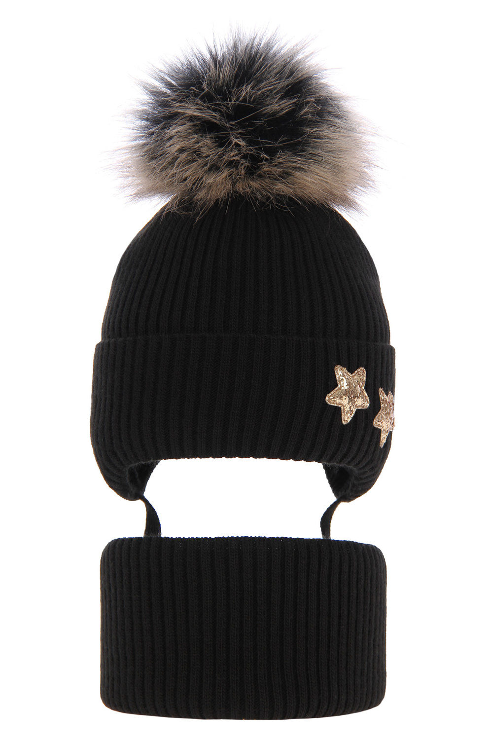 Czapka i komin dla dziewczynki zimowy komplet, czarny, wiązany, z pomponem Delicja