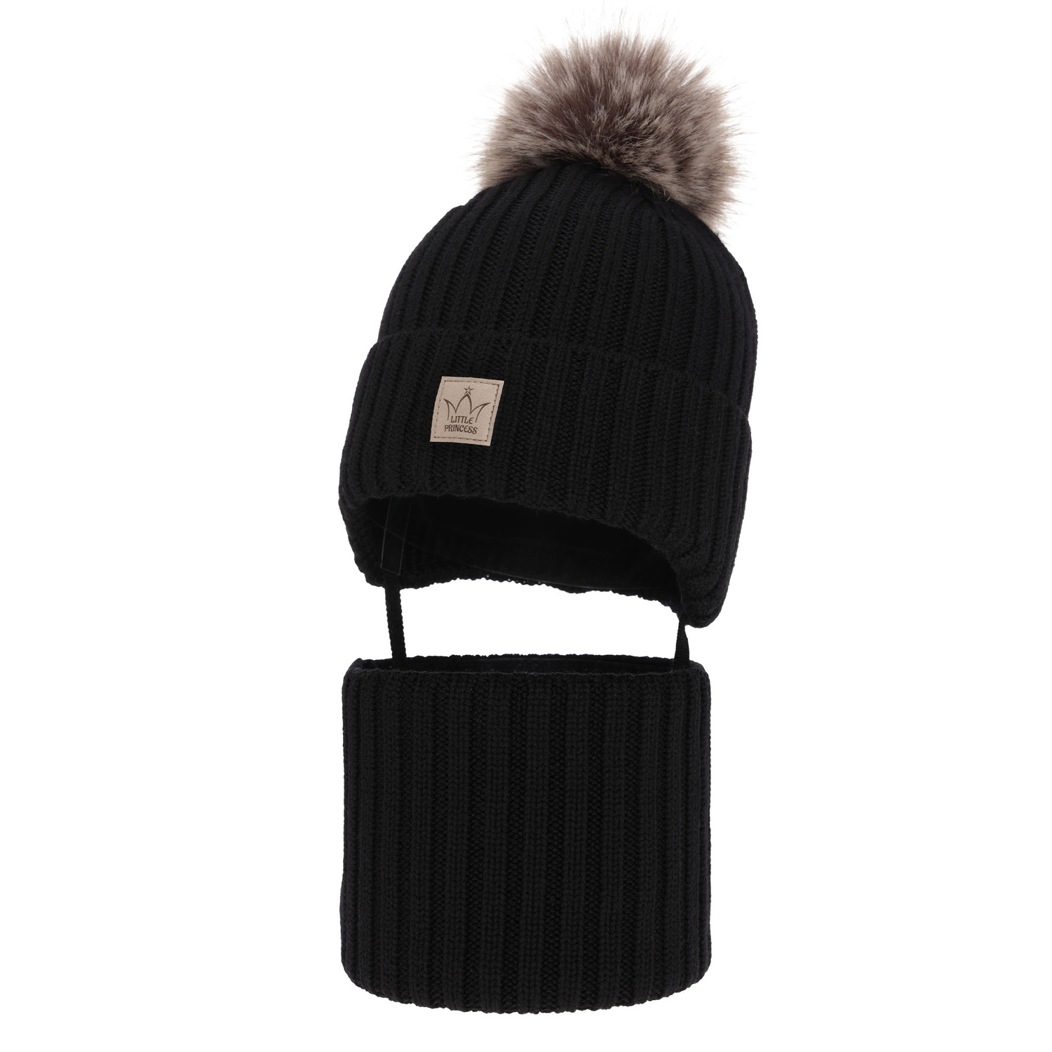 Czapka i komin dla dziewczynki zimowy komplet, czarny, 100% wełniany merino, podszyty wełnianym polarem, wiązany Martina