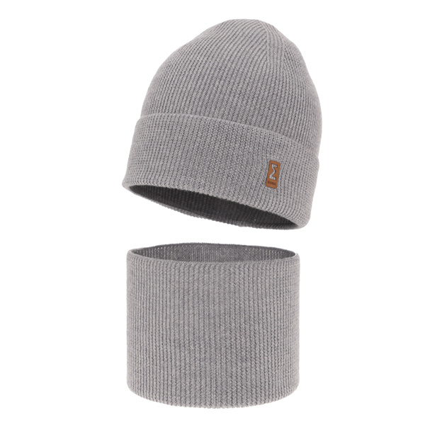 Czapka i komin dla chłopca jesienny, wiosenny komplet, jasnoszary, 100% wełniany merino Bruce