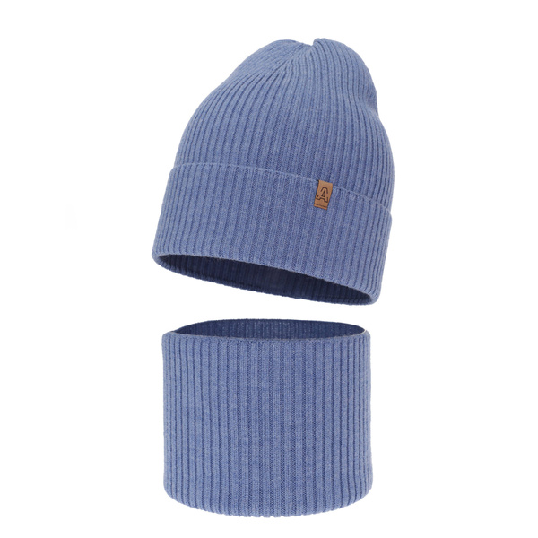 Czapka i komin dla chłopca jesienny, wiosenny komplet, niebieski, 100% wełniany merino Lemas