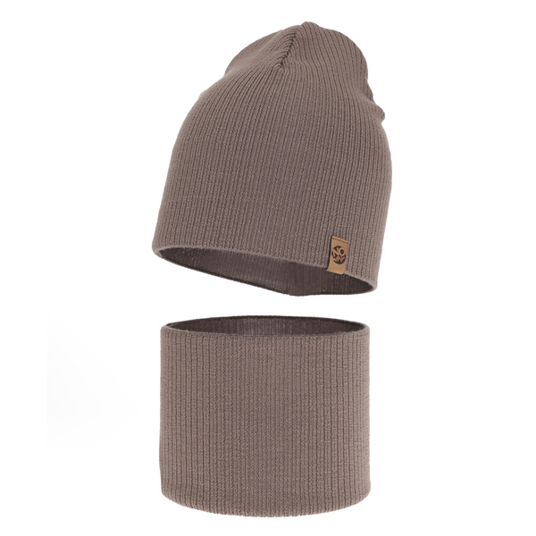Czapka i komin dla chłopca jesienny, wiosenny komplet, ciemnobeżowy, 100% wełniany merino Richi
