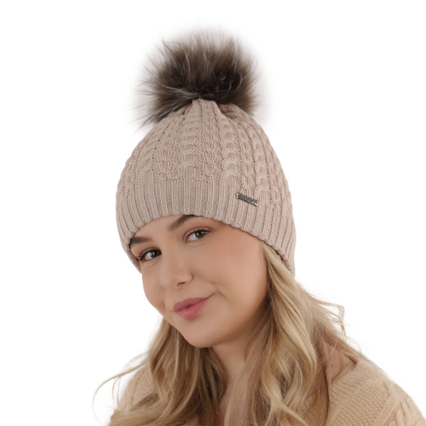 Czapka zimowa damska, beżowa, z pomponem, z wełną merino Satina