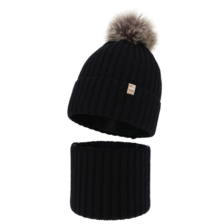 Czapka i komin dla dziewczynki zimowy komplet, 100% wełniany merino, podszyty bawełną, z pomponem, czarny, Terida