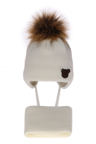 Czapka i szalik dla chłopca zimowy komplet, kremowy, z pomponem, wiązany Banksi