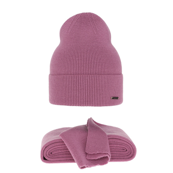 Czapka i szalik damski zimowy komplet, wrzosowy, 100% wełniana merino Melpomena