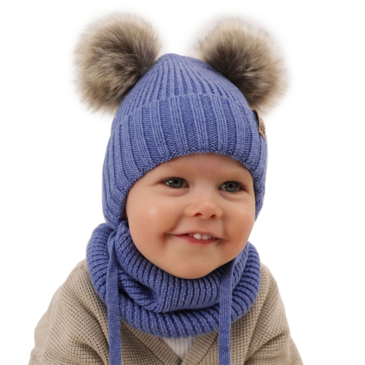 Czapka i komin dla chłopca zimowy komplet, biały, 100% wełniany merino, wiązany Konor