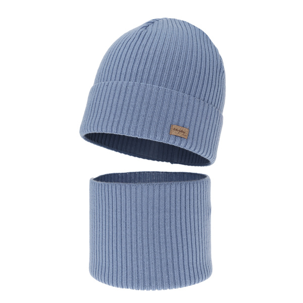 Czapka i komin dla chłopca jesienny, wiosenny komplet, jasnoniebieski, 100% wełniany merino Intro