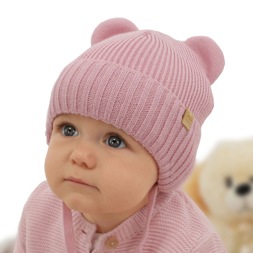 Czapka zimowa dla dziewczynki, jasnoróżowa, wiązana, z wełną merino Shira