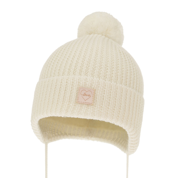 Czapka zimowa dla dziewczynki, kremowa, 100% wełniana merino, podszyta wełnianym polarem, wiązana Havana