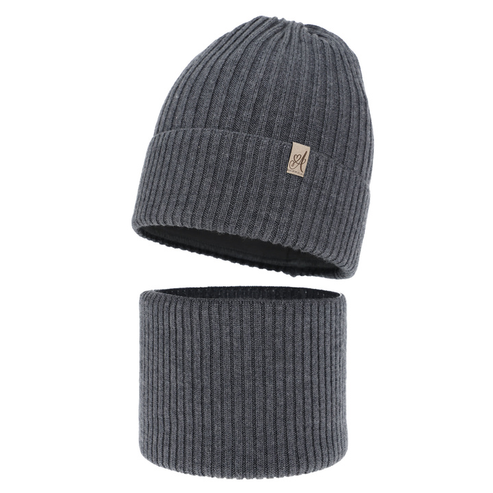 Czapka i komin dla dziewczynki, zimowy komplet, ciemnoszary, 100% wełniany merino, Patricia