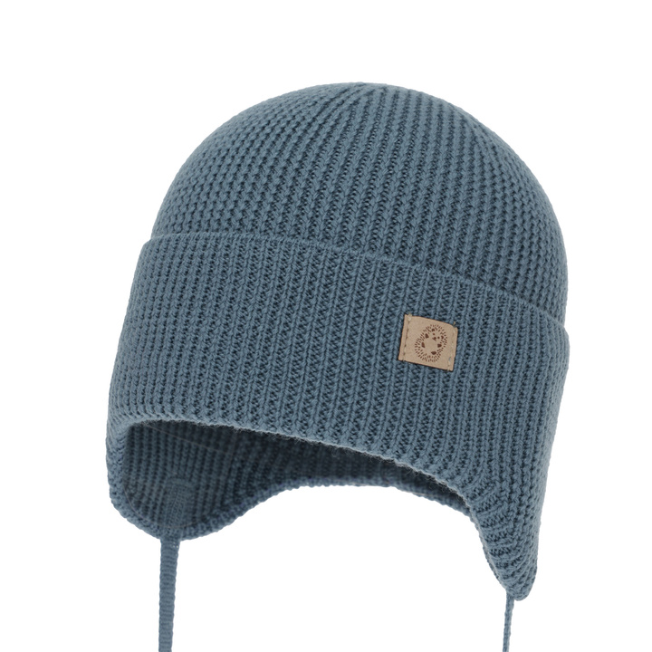 Czapka jesienna, wiosenna dla chłopca, 100% wełniana merino, wiązana, niebieska Bakadi