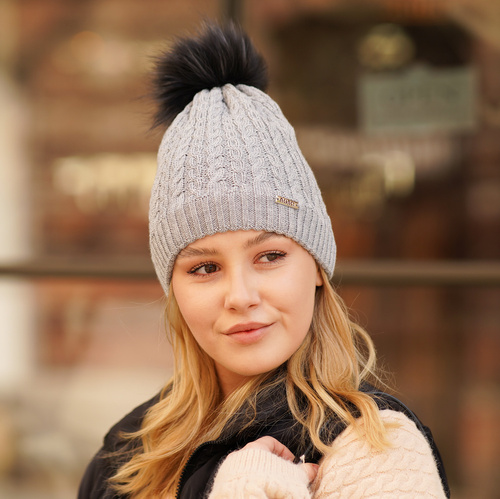 Czapka zimowa damska, szara, z pomponem, 100% wełniana merino Satina
