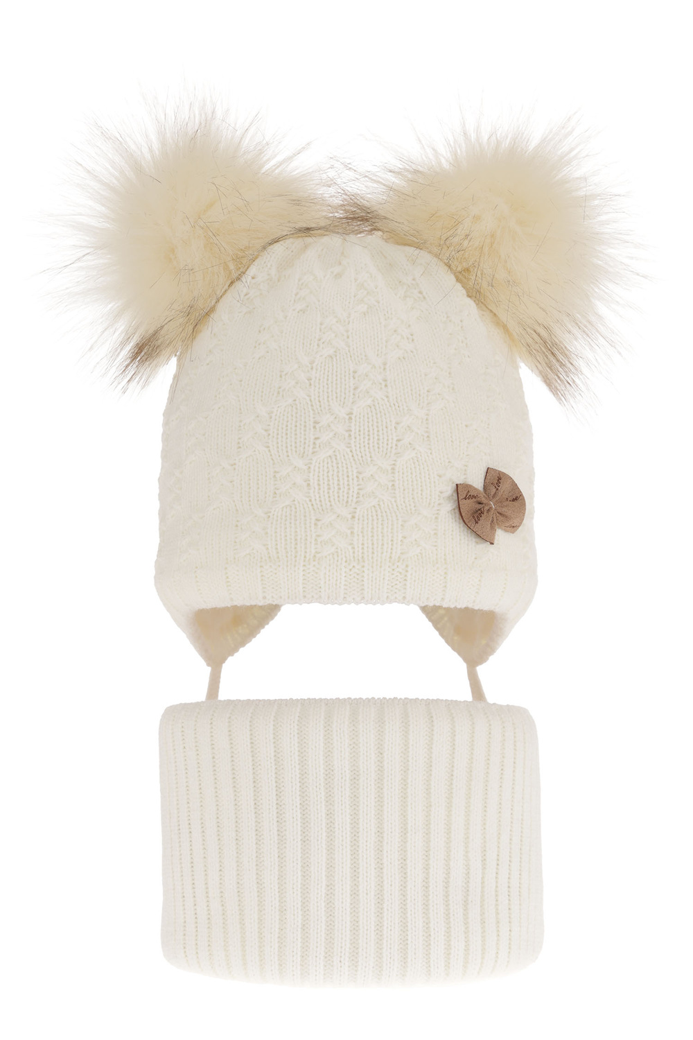 Czapka i komin dla dziewczynki zimowy komplet, kremowy, z dwoma pomponami, wiązana Bettina